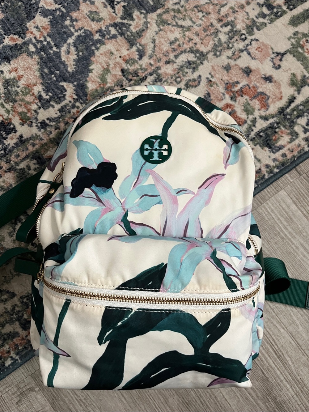 Tory Burch Cream Floral Backpack with Green Accents